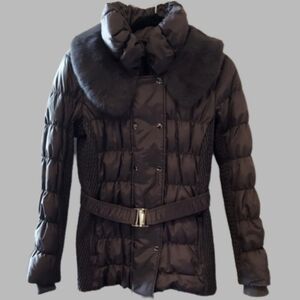 Rabbit fur collar waterfowl feather puffer- removable collar/belt by Via Spiga